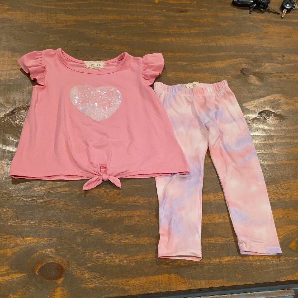 btween Pink Glitter Heart Top and Pastel Tie-Dye Leggings Set